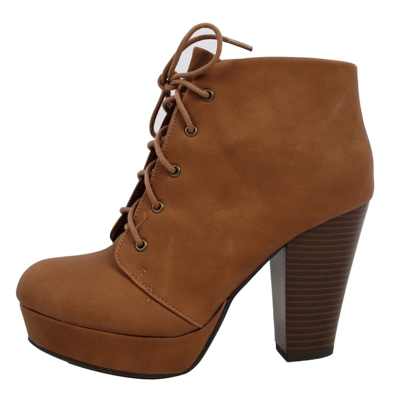 Shoes - Tan Faux Leather Lace Up Platform Ankle Boot